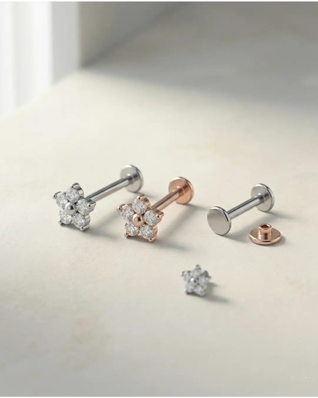 Misaki Dainty Flower CZ 3mm Titanium Flat Back Labret